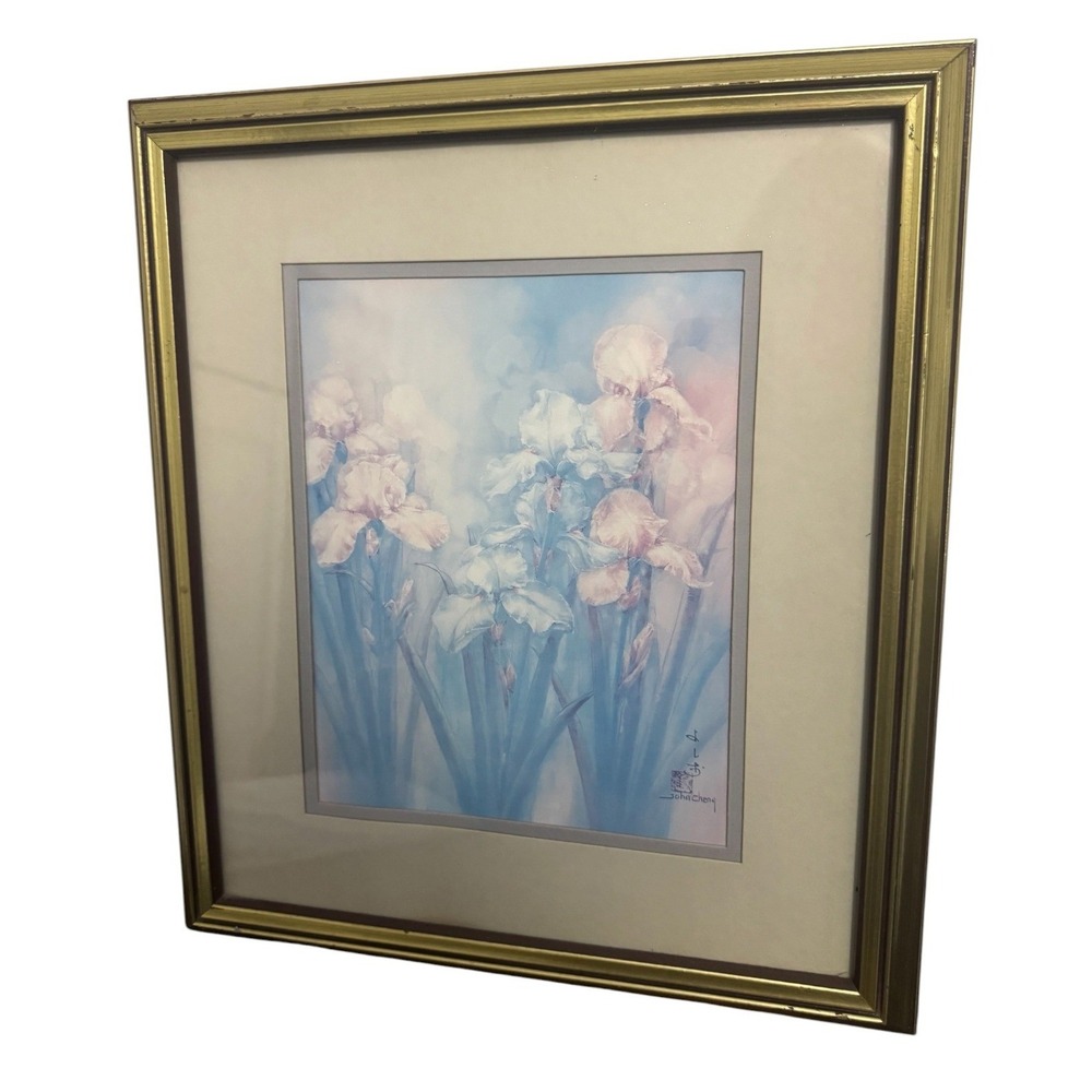 VT John Cheng Gold Floral Iris Art Print Framed Botanical Decor 15x14